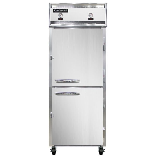 A stainless steel Continental Refrigerator with white doors and silver handles.