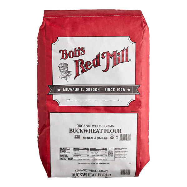A 25-pound bag of Bob's Red Mill organic whole grain buckwheat flour.