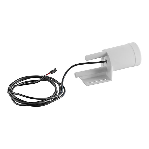 A white electrical device with a black wire.