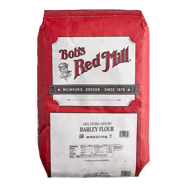 A 25-pound bag of Bob's Red Mill 100% stone ground barley flour.