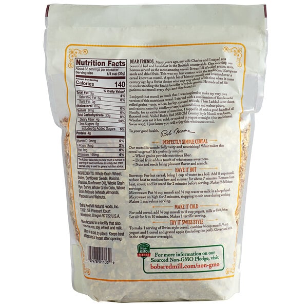 A white bag of Bob's Red Mill Old Country Style Muesli cereal with text and images.