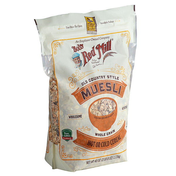 A Bob's Red Mill bag of Old Country Style Muesli Cereal.