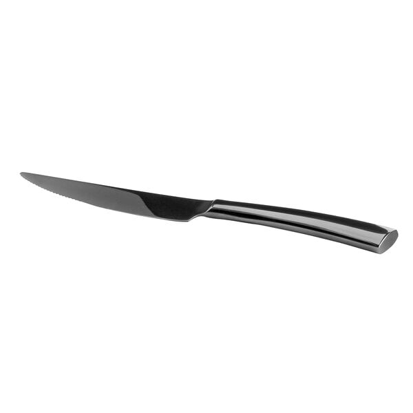 A Reserve by Libbey steak knife with a black handle.