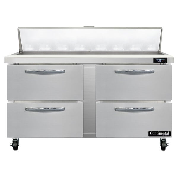 A stainless steel 4-drawer refrigerated sandwich prep table by Continental Refrigerator.