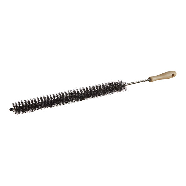 A black metal brush with a wooden handle.