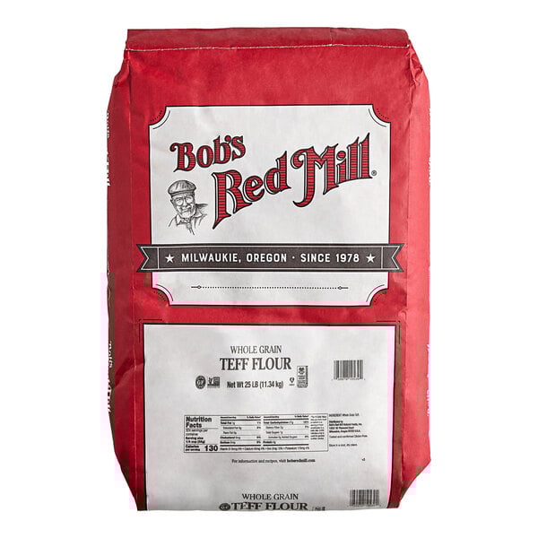 A 25-pound bag of Bob's Red Mill gluten-free teff flour.