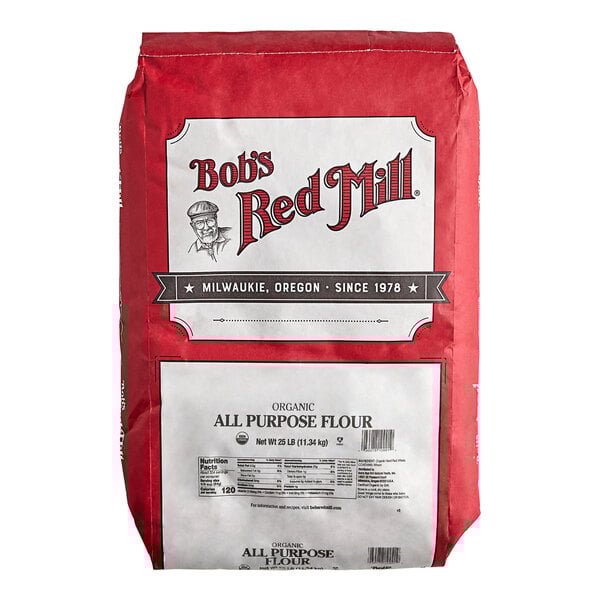 A 25-pound bag of Bob's Red Mill organic unbleached all-purpose flour.