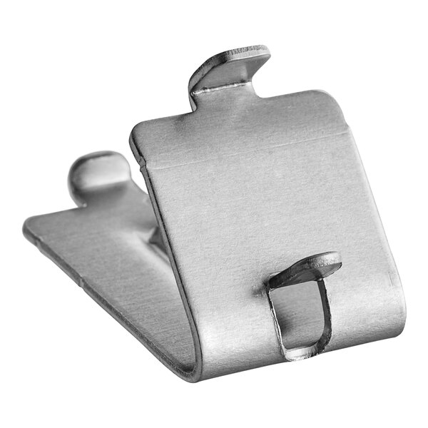 A silver metal Hoshizaki clip with a hole.