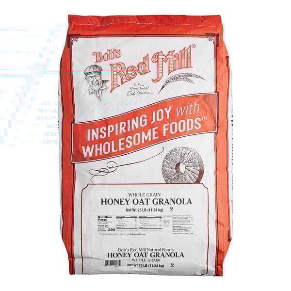 A bag of Bob's Red Mill Honey Oat Granola with text and images.