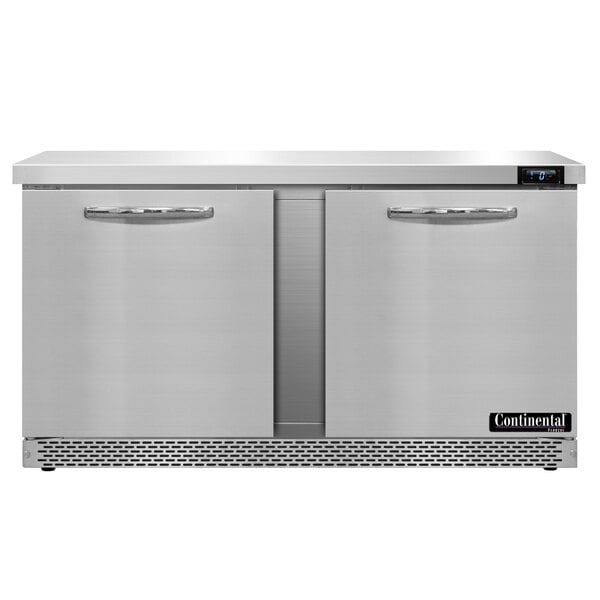 A stainless steel Continental Undercounter Freezer with two doors.