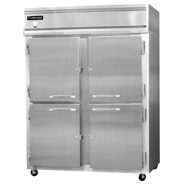 The metal doors of a Continental Refrigerator 2RES-N-HD reach-in refrigerator.
