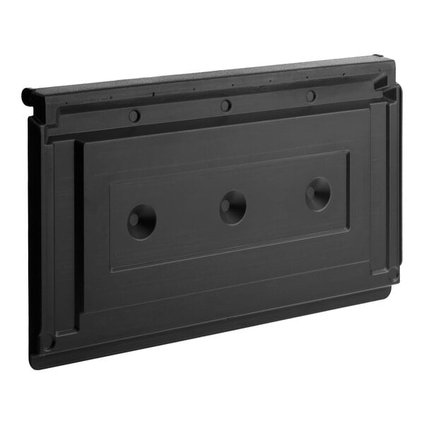 A rectangular black panel with three circular indentations and raised edges, likely a component or door for a larger appliance.
