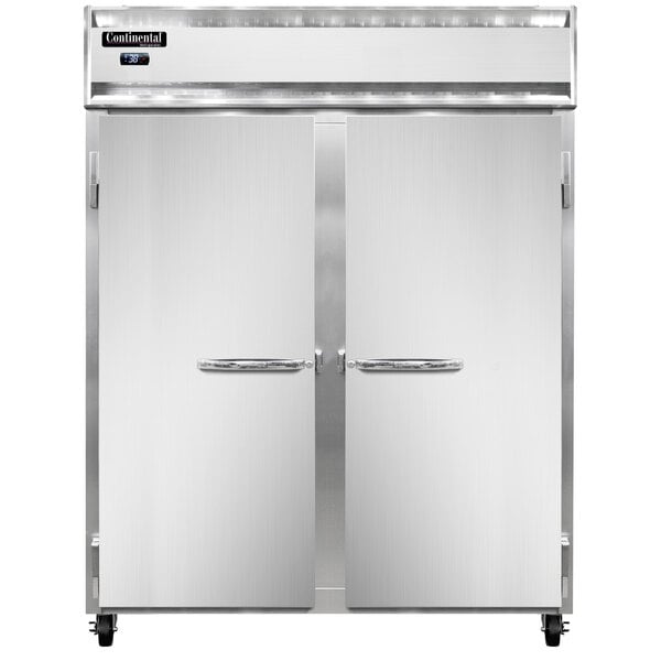 A large white rectangular Continental Refrigerator with two doors open. The doors have black border and handles.