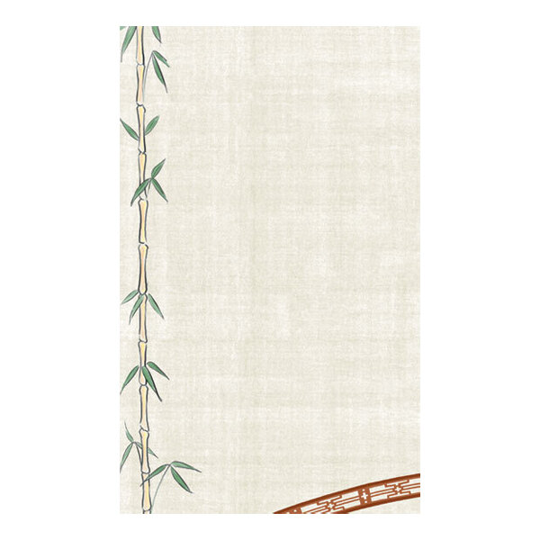 A sheet of paper with a bamboo stalk and leaves design along the left edge and a partial brown pattern in the bottom right corner, set against a light textured background.