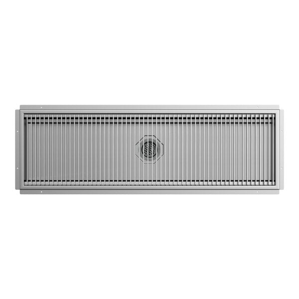 An 18 by 60 inch stainless steel floor trough with a grate cover.