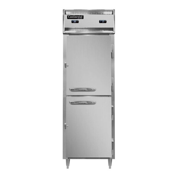 A white Continental Refrigerator with two half doors and silver handles.