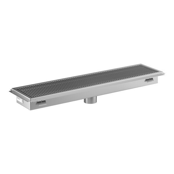 A rectangular 14-gauge stainless steel floor trough with a grated cover and central drain outlet.