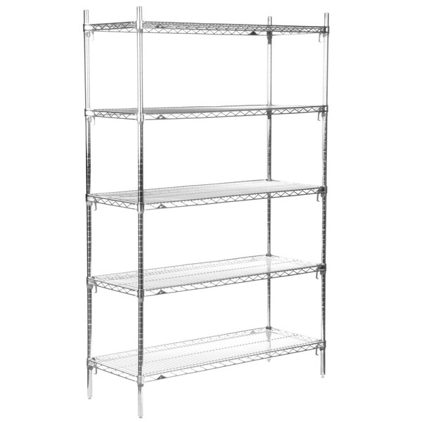A chrome Metro wire shelving unit with four shelves.