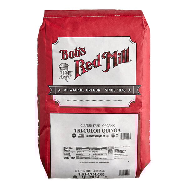 A 25 lb. bag of Bob's Red Mill organic tri-color quinoa.