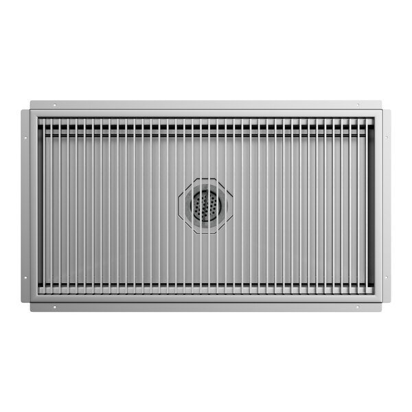 A rectangular 24-inch by 42-inch stainless steel floor trough with a grate cover and central drain.