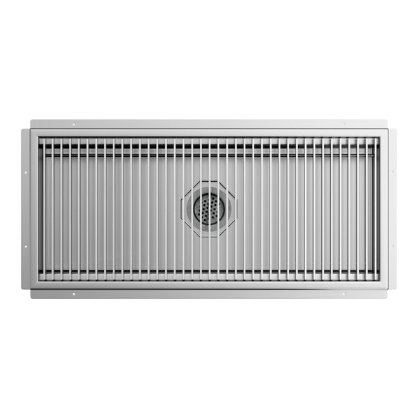 A rectangular stainless steel floor trough with a grate cover and central drain.