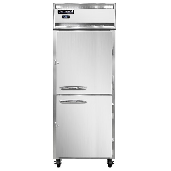 A Continental Refrigerator reach-in refrigerator with a white half door.