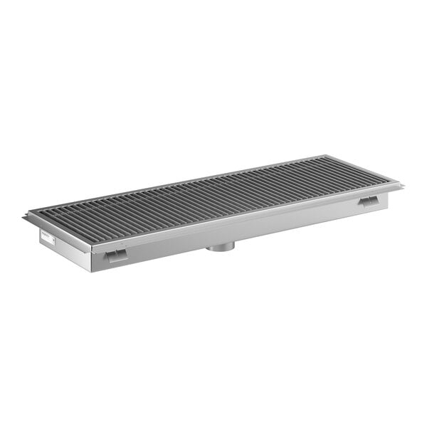 A rectangular 18 by 54 inch stainless steel floor trough with a grated cover.