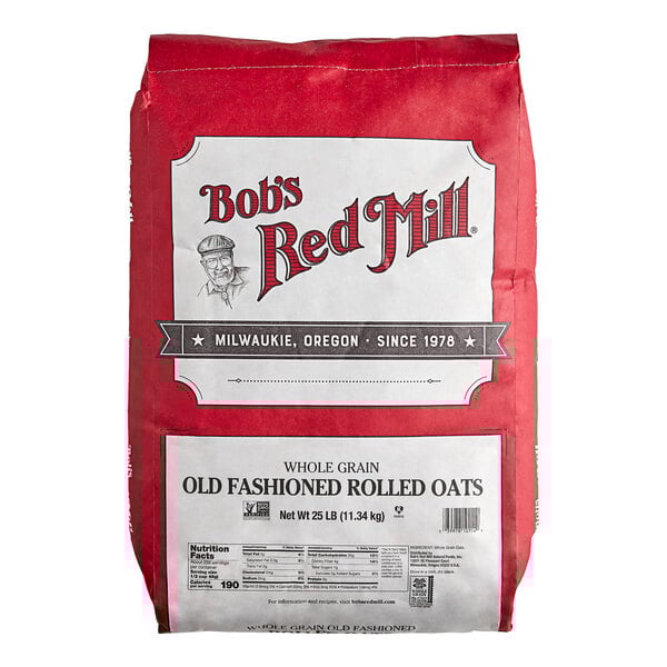 A large 25 lb. bag of Bob's Red Mill whole grain old fashioned rolled oats.