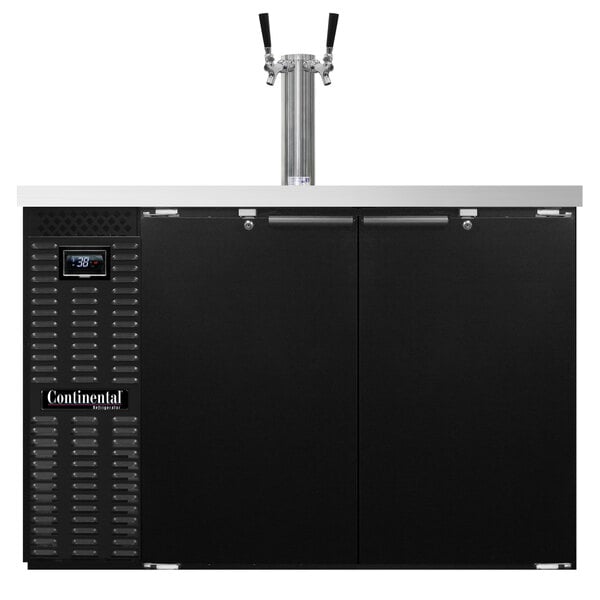 A black rectangular Continental Refrigerator beer dispenser with two taps on it.