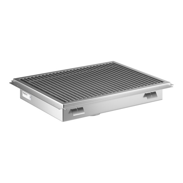A stainless steel floor trough with a removable grate, measuring 24 by 30 inches.