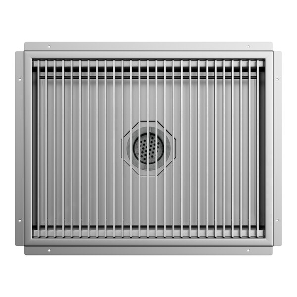 A rectangular 24 by 30 inch stainless steel floor trough with a grate cover and central drain.