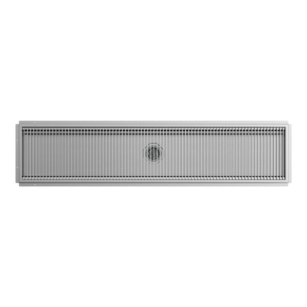 An 18-inch by 84-inch stainless steel floor trough with a grate cover.