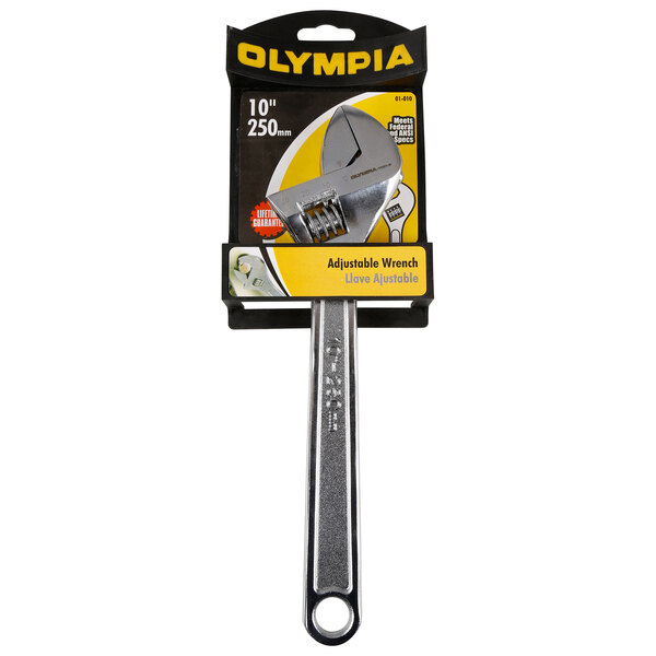 An Olympia Tools 10" adjustable chrome plated wrench in a package.