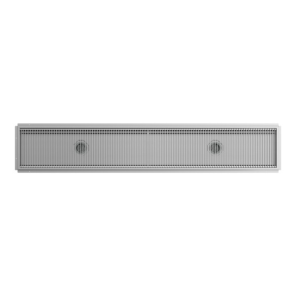 An 18-inch by 108-inch stainless steel floor trough with a grate cover.