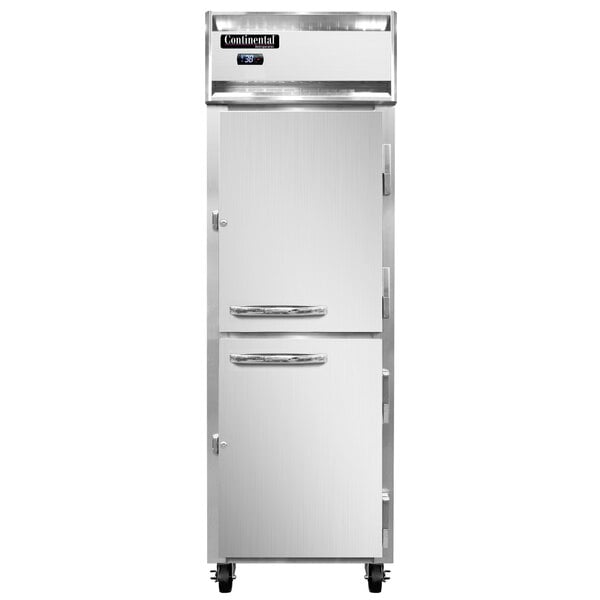 A white Continental Refrigerator reach-in refrigerator with two solid half doors with silver handles.