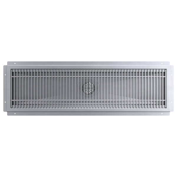 A stainless steel floor trough grate with holes.