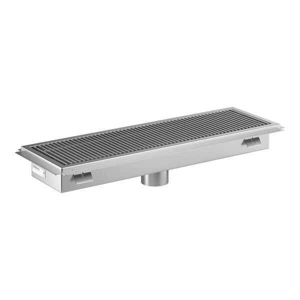 A 12 inch by 42 inch stainless steel floor trough with a grate.