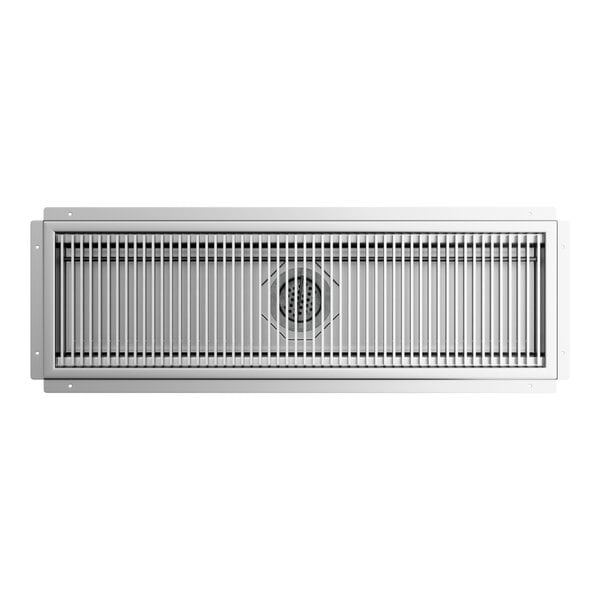 A 12-inch by 42-inch stainless steel floor trough with a grate.