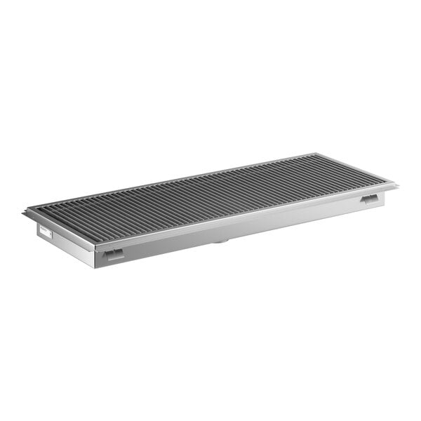 A rectangular 24-inch by 60-inch stainless steel floor trough with a grated cover.
