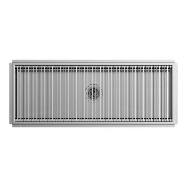 A rectangular 24-inch by 60-inch stainless steel floor trough with a grate cover and central drain.