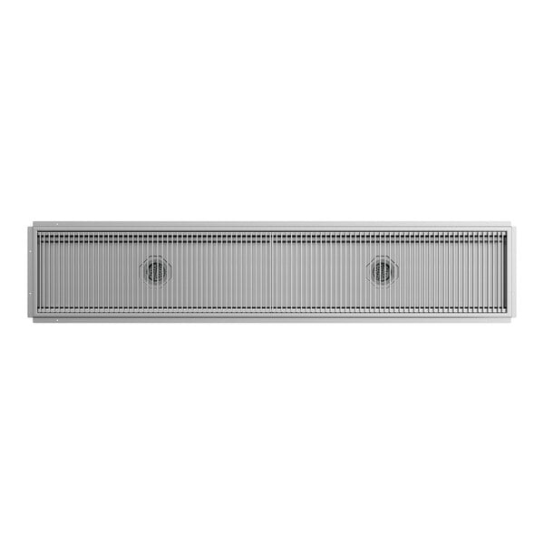 An 18-inch by 96-inch stainless steel floor trough with a grate cover.