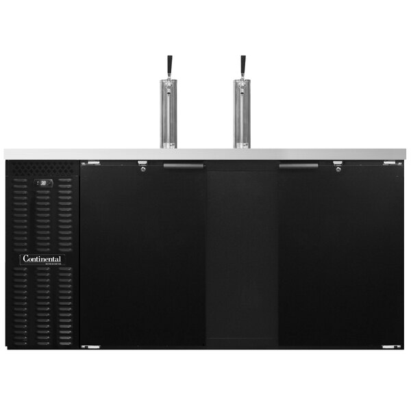 A black rectangular Continental Refrigerator beer dispenser with two metal taps.