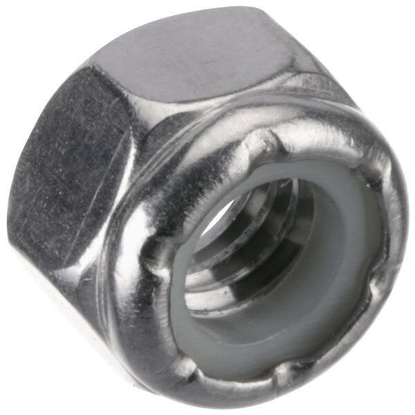 A close-up of a silver hex nut.