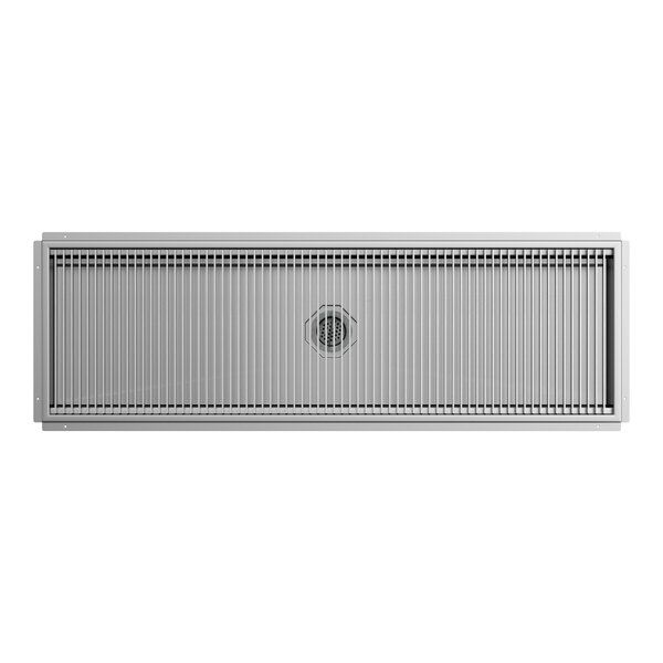 A rectangular 24-inch by 72-inch stainless steel floor trough with a grate cover.
