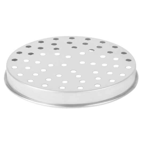 An American Metalcraft 12" perforated aluminum pizza pan with straight sides.