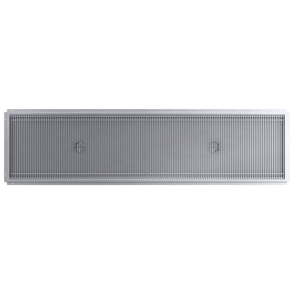 A rectangular silver metal floor grate with vertical bars.