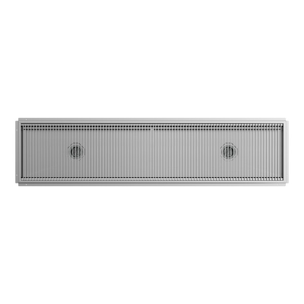 A 24-inch by 96-inch stainless steel floor trough with a grate cover.