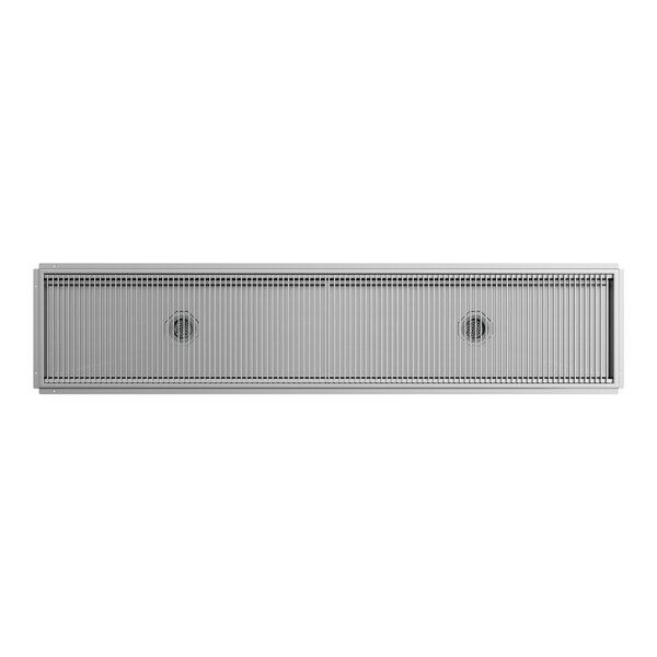 A 24-inch by 108-inch stainless steel floor trough with a grate cover.