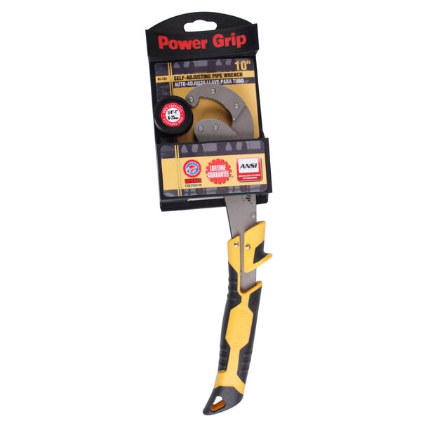 Olympia Tools Power Grip Self-Adjusting Pipe Wrench in packaging with yellow and black handle.