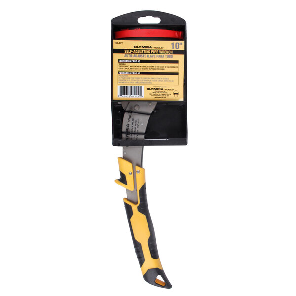 An Olympia Tools Power Grip self-adjusting pipe wrench with a yellow and black handle.